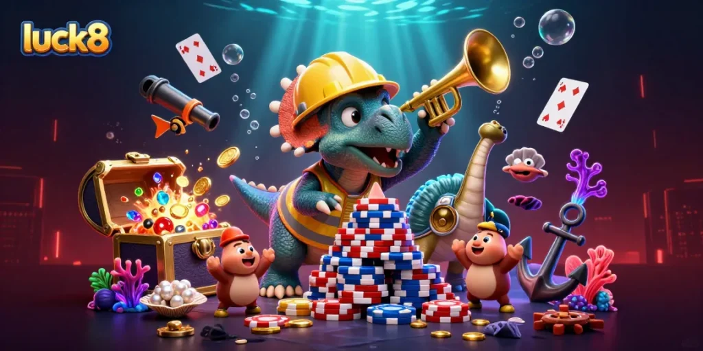 Experience the vibrant luck8 scene with a triceratops building poker chips amidst underwater treasures.