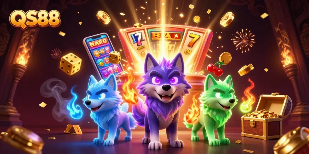 Engage with QS88's immersive high-energy casino scene featuring animated wolves and jackpot symbols.