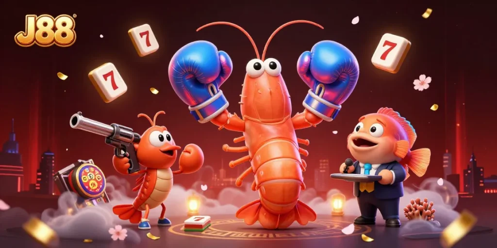 Experience the excitement at J88 with vibrant casino elements featuring slot reels, animated characters, and rich details.