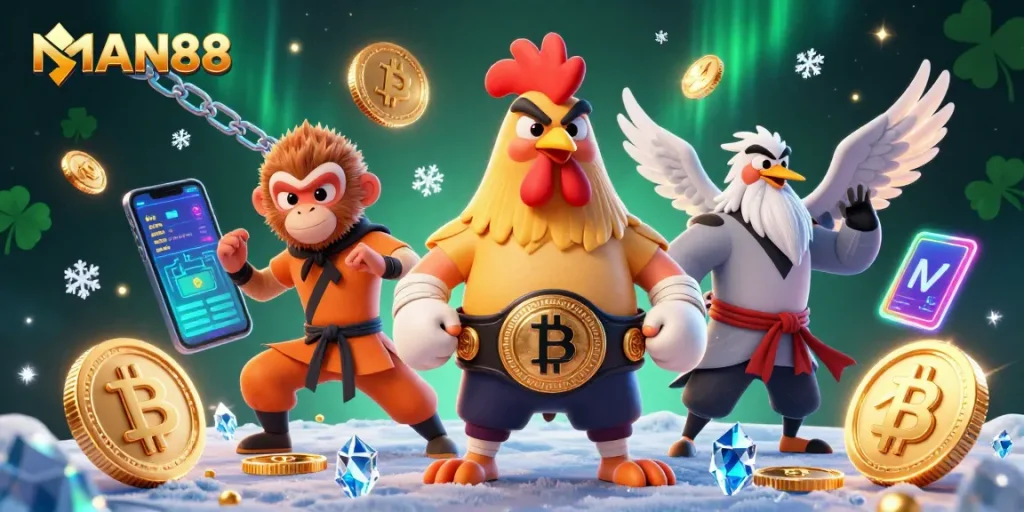 Experience the excitement of MAN88 with vibrant digital characters and cryptocurrencies in action.