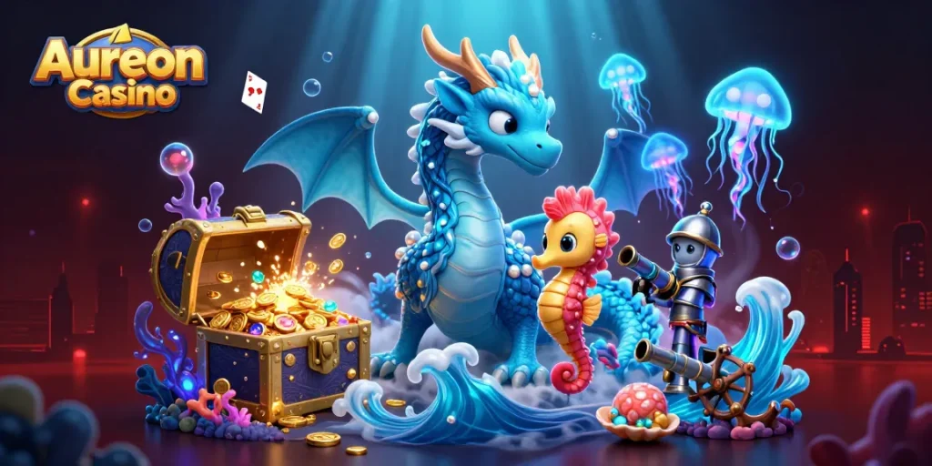 Aureon Casino presents vibrant underwater scene with glowing dragon, seahorse knight, and treasure elements