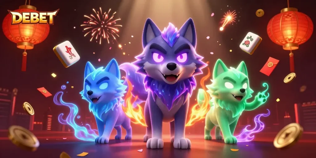 Experience DEBET's animated atmosphere with mystical wolves and floating gambling elements.