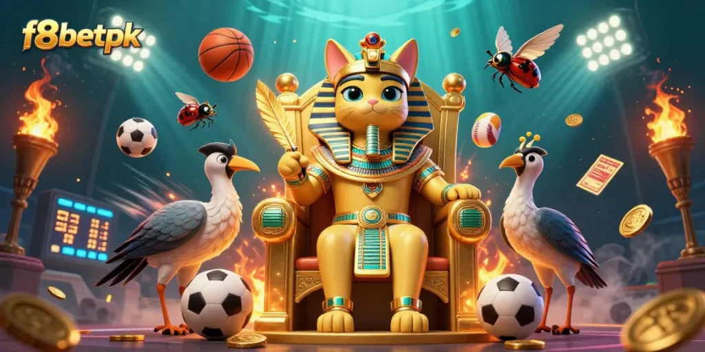 Engage with f8betpk's vibrant casino scene featuring innovative Egyptian characters amid dynamic sports elements.