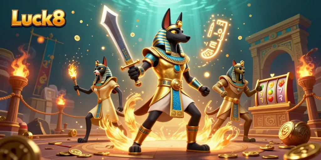 Experience thrilling gameplay at Luck8 with stunning Egyptian warriors and vibrant casino elements.