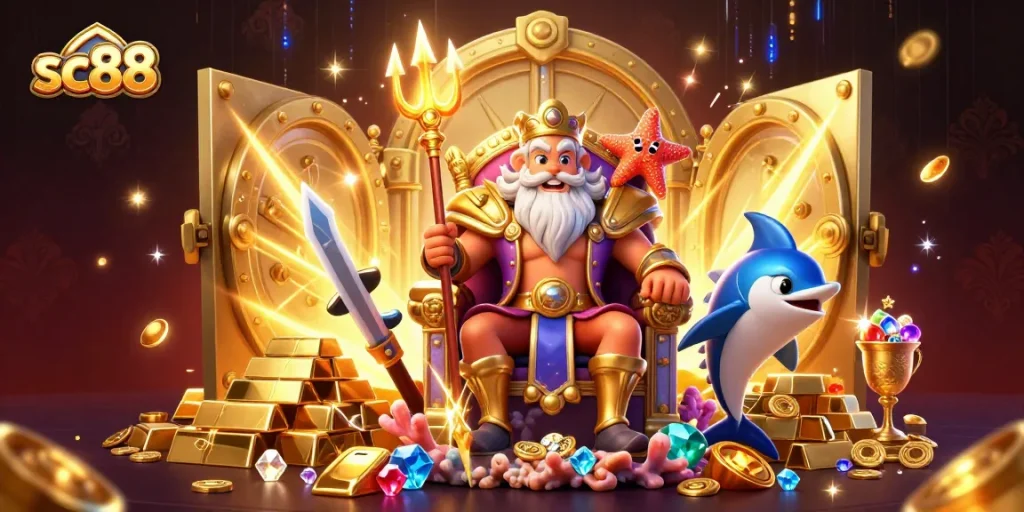 Experience sc88's thrilling treasure vault in a vibrant casino scene with Neptune and dazzling riches.