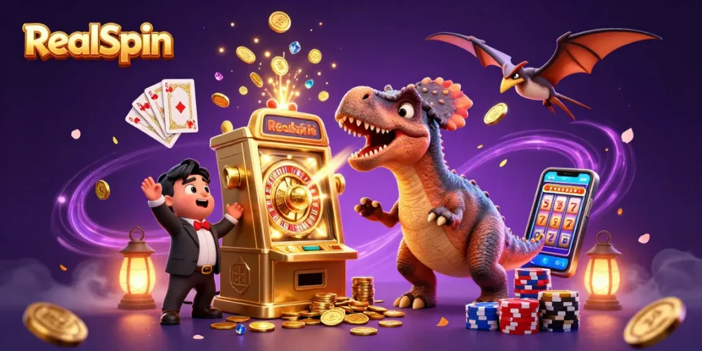 RealSpin biedt spannende gokkansen met een cartoonpachycephalosaurus die een slotmachine aanvalt.