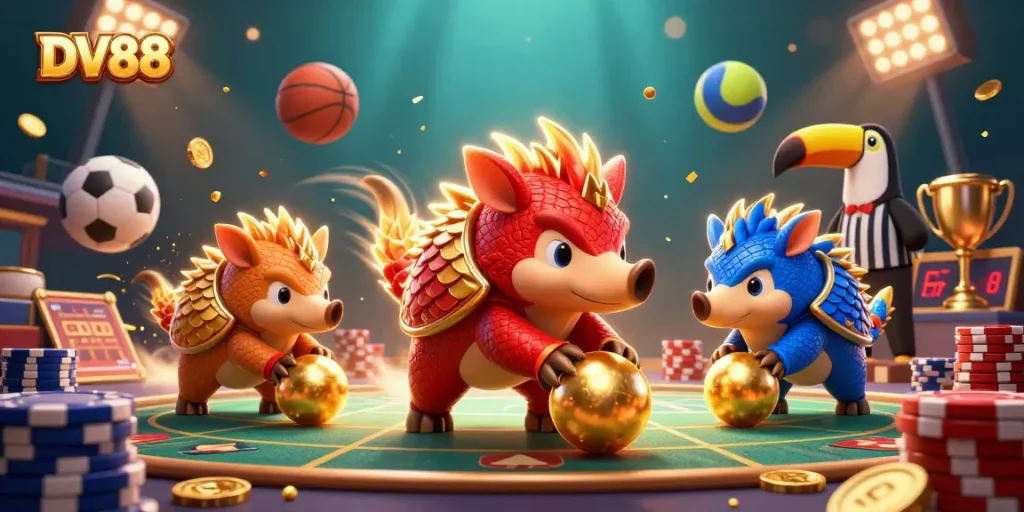 DV88 pangolins thrillingly bowling through poker chips, showcasing vibrant casino action.