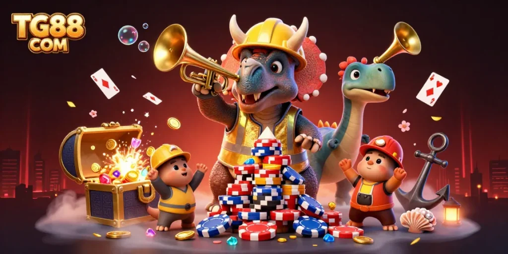 Experience the excitement of TG88 COM with dynamic characters celebrating casino wins and vibrant game elements.