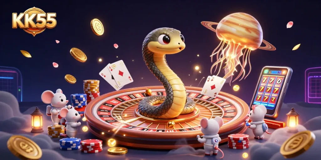 Experience thrilling bets with KK55 in a cosmic casino scene featuring vibrant characters and dynamic game elements.