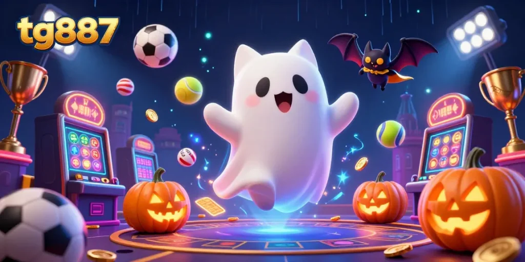 Experience thrilling gaming sessions with tg887's friendly ghost cat in a haunted casino.