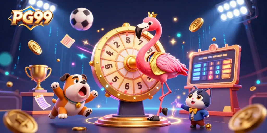 Excited PG99 players spin the prize wheel, winning sports bets and celebrating with 3D elements.