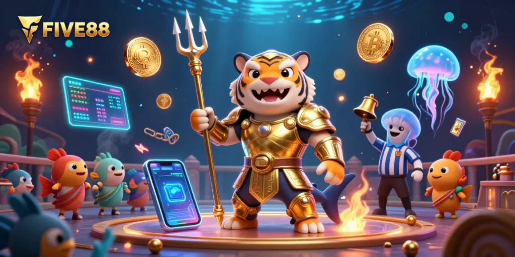 Engage with thrilling FIVE88 underwater casino action featuring a gladiator shark.