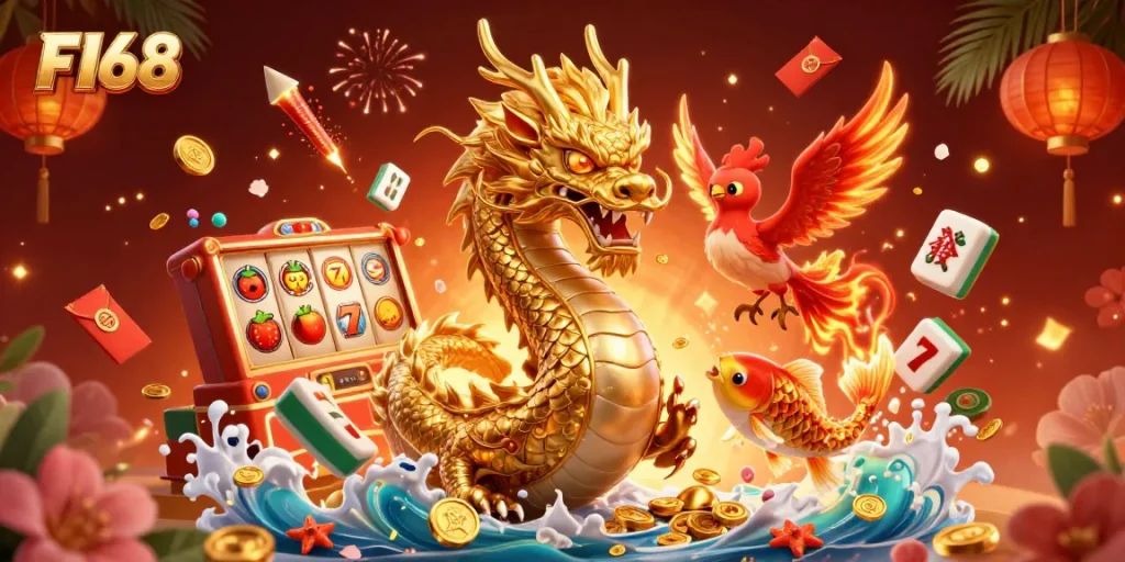 Experience F168's thrilling 3D illustration showcasing casino symbols, dragon, and phoenix.