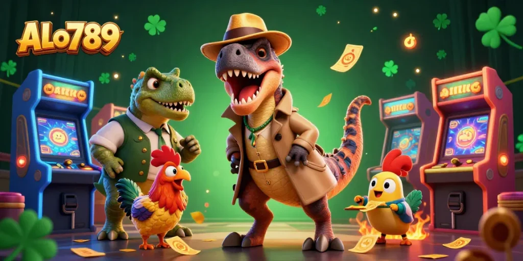 ALo789 offers an immersive cockfighting arena scene with cartoon dinosaurs engaging in vibrant gambling actions.