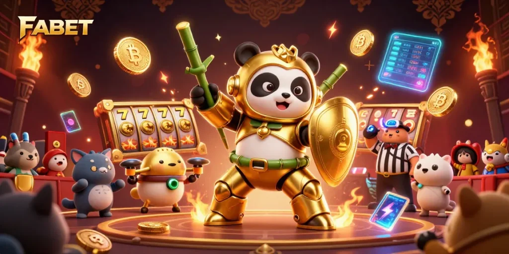 Engage in thrilling slots with FABET as the mech-suit panda showcases its jackpot prowess.