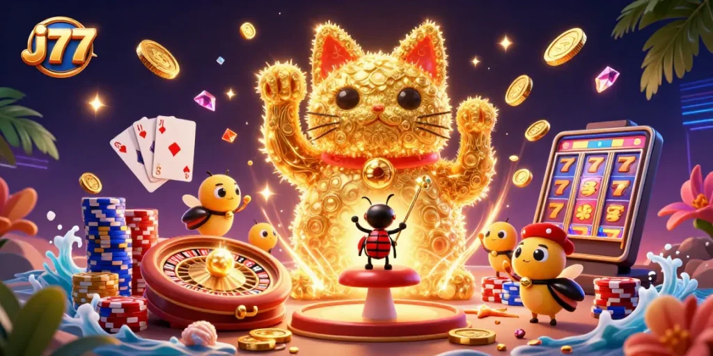 Join the fun at j77 casino featuring a lively scene with golden lucky cat and casino elements.