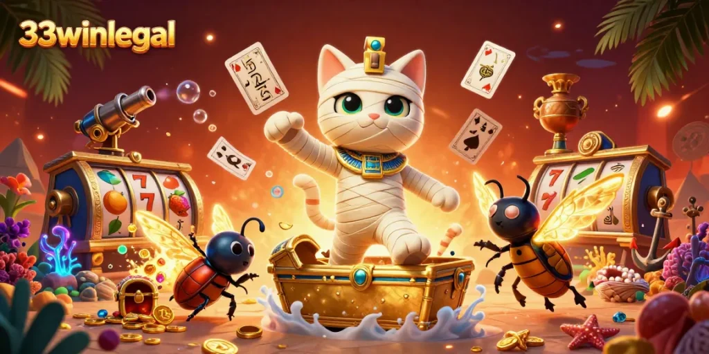 Engage with 33winlegal in a vibrant casino scene featuring a mummy cat and golden elements.
