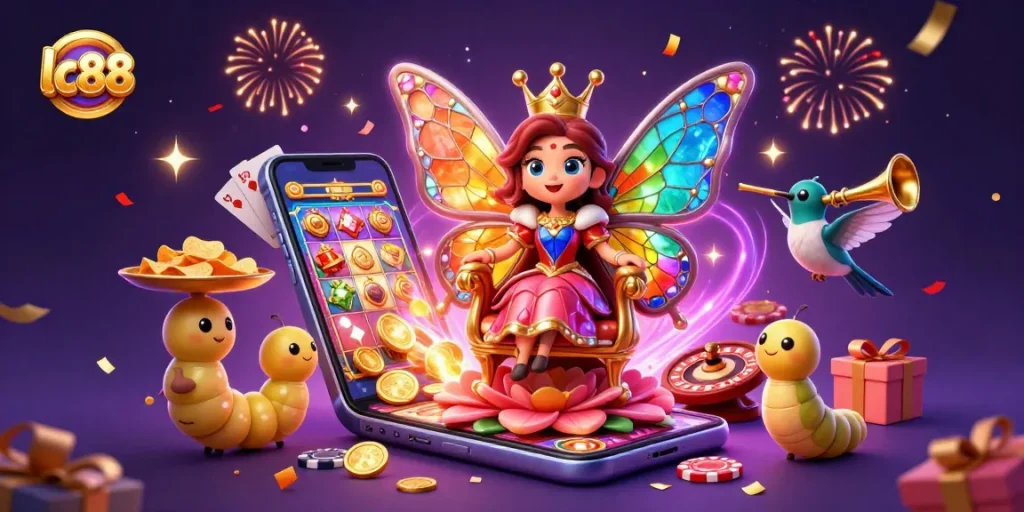 Experience thrilling gameplay at lc88 with a vibrant casino scene featuring colorful slot games and enchanting characters.