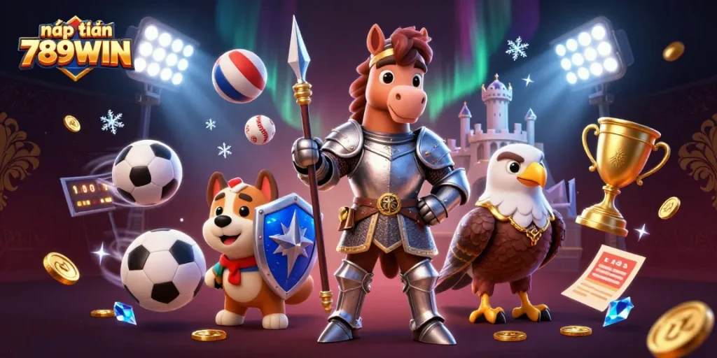 Engage in thrilling action with nạp tiền 789WIN, featuring a knight, squire, and falcon amid vibrant casino elements.