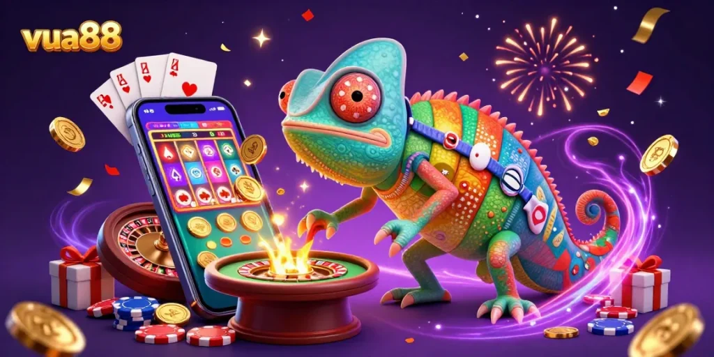 Experience thrilling moments at vua88 with vibrant casino action captured in a dynamic, colorful illustration.