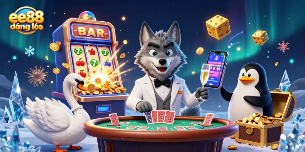 Engage in the thrill of ee88 đăng nhập with a 3D casino scene featuring vibrant characters and jackpot elements.