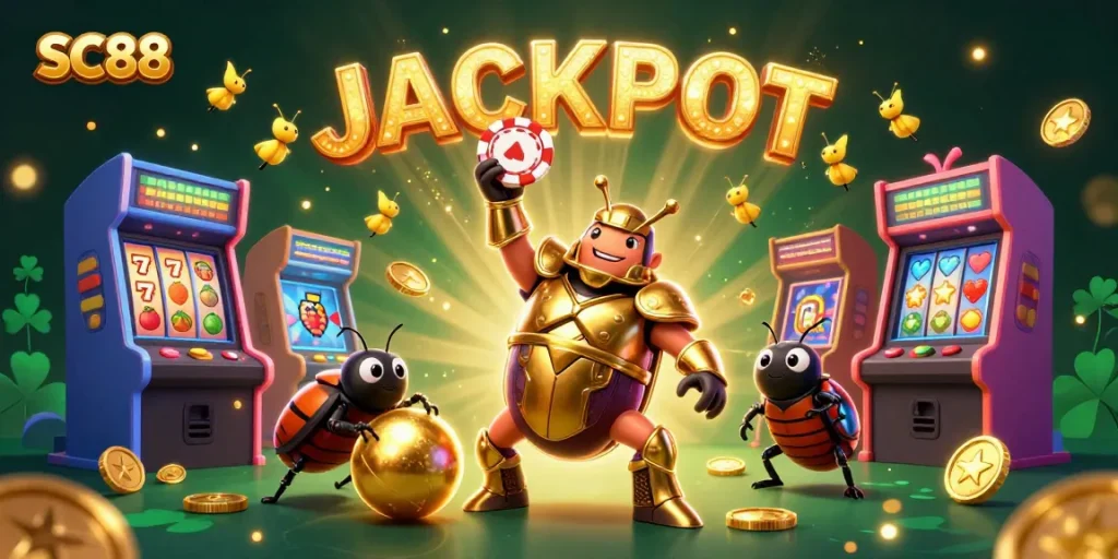 SC88's winning moment captured with a gladiator beetle holding a poker chip amidst a vibrant casino scene.