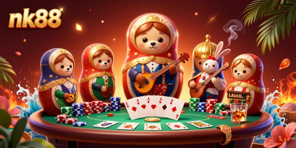 Experience game excitement at nk88 with vibrant bears in casino outfits around a dynamic poker table.