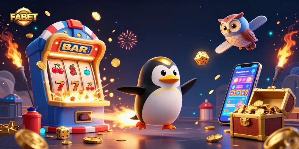 Experience the excitement of FABET with a golden penguin launching to a casino space station amid vibrant gaming elements.