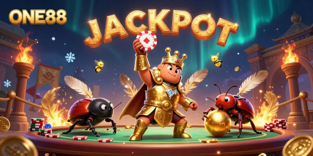 Celebrate wins at ONE88 with a vibrant 3D illustration showcasing a beetle champion in an exciting casino scene.