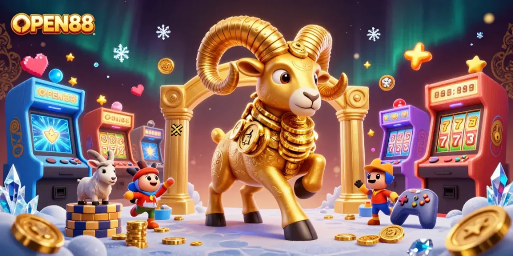 Experience thrilling action at OPEN88 with a golden ram charging through a vibrant casino scene.