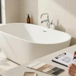 KingKonree's solid surface freestanding bathtub in a designer's contemporary bathroom showcasing innovative and hygienic features.