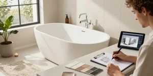 KingKonree's solid surface freestanding bathtub in a designer's contemporary bathroom showcasing innovative and hygienic features.