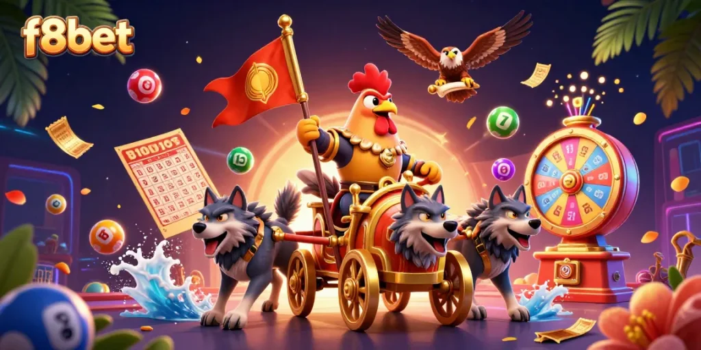Win big at f8bet with exciting lottery games and vibrant prizes in this colorful illustration.