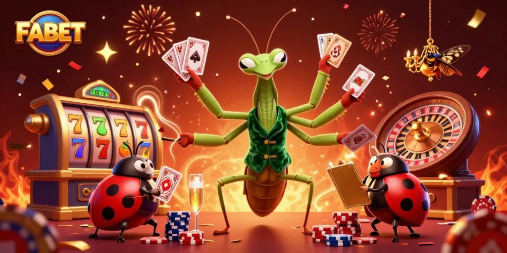 FABET showcases vibrant casino action with a praying mantis dealer and ladybug pit boss.