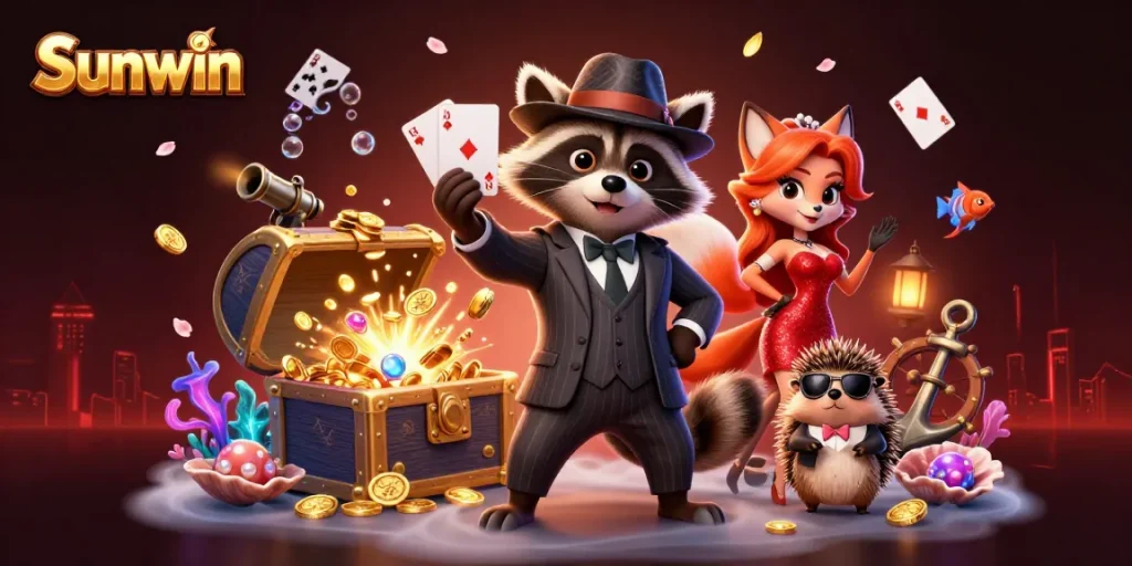 Engage with Sunwin's vibrant 3D illustration of a raccoon holding cards amidst a treasure-filled underwater scene.