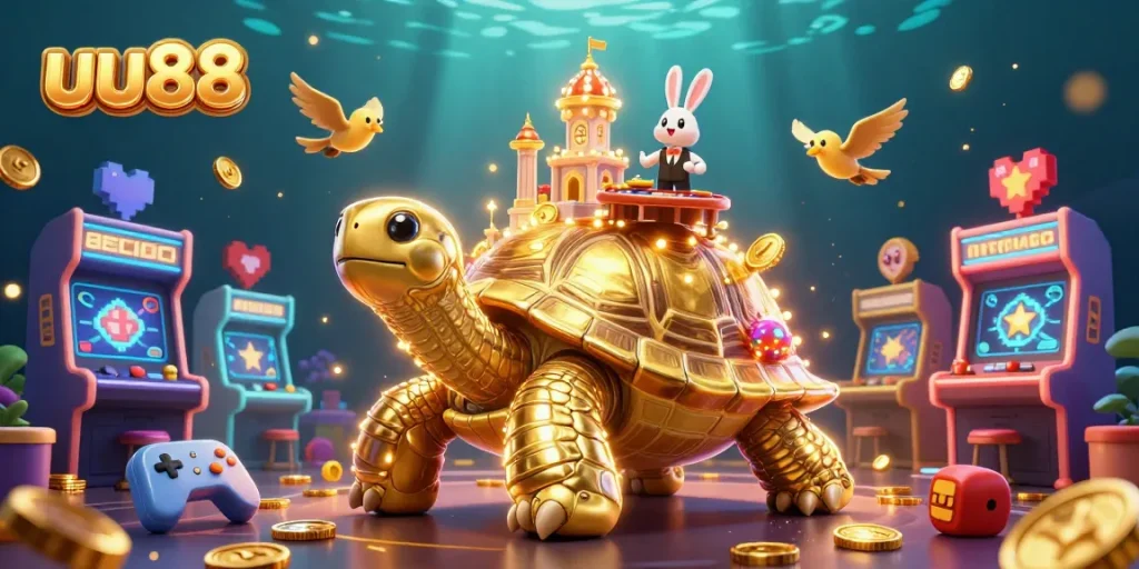 Experience the vibrant world of uu88 with a golden tortoise casino and a rabbit dealer amidst flying coins.