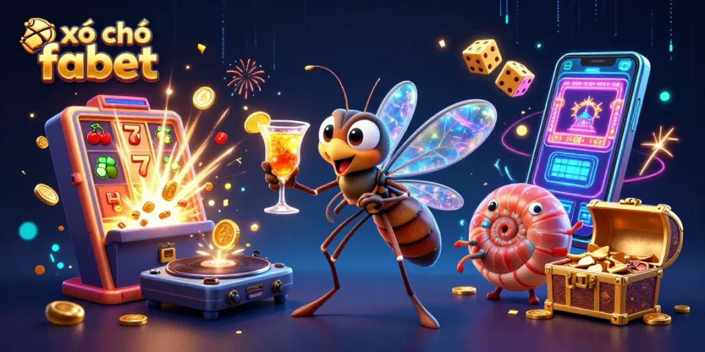 Engage with xổ số fabet as a lively 3D scene featuring casino characters and vibrant game elements.