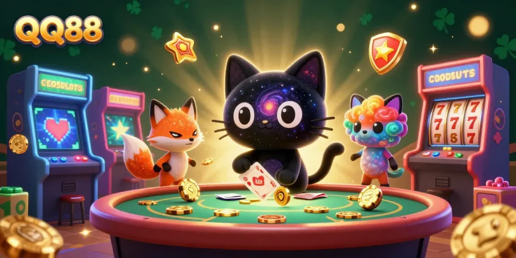 Engage with QQ88’s vibrant casino scene featuring a cosmic cat and an enchanting fox.