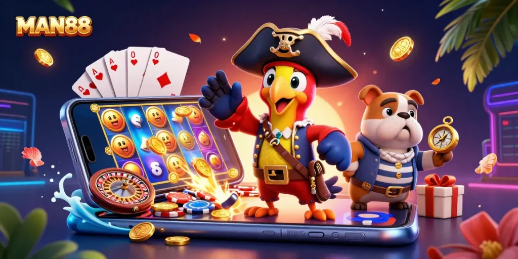 Experience thrilling gameplay at MAN88 with vibrant slots, golden coins, and engaging characters.