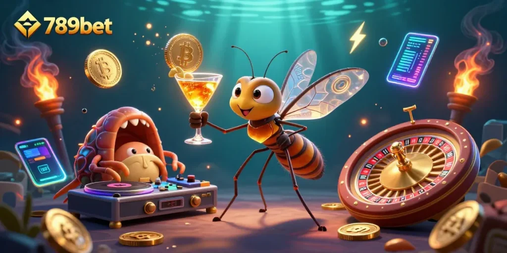 Play at 789bet with a vibrant 3D casino mascot holding a cocktail and a trilobite DJ.