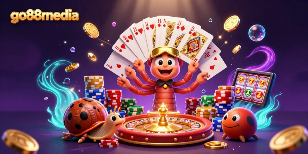 Go88media showcases an engaging casino scene with a millipede dealer and a high-roller snail amid golden coins and cards.