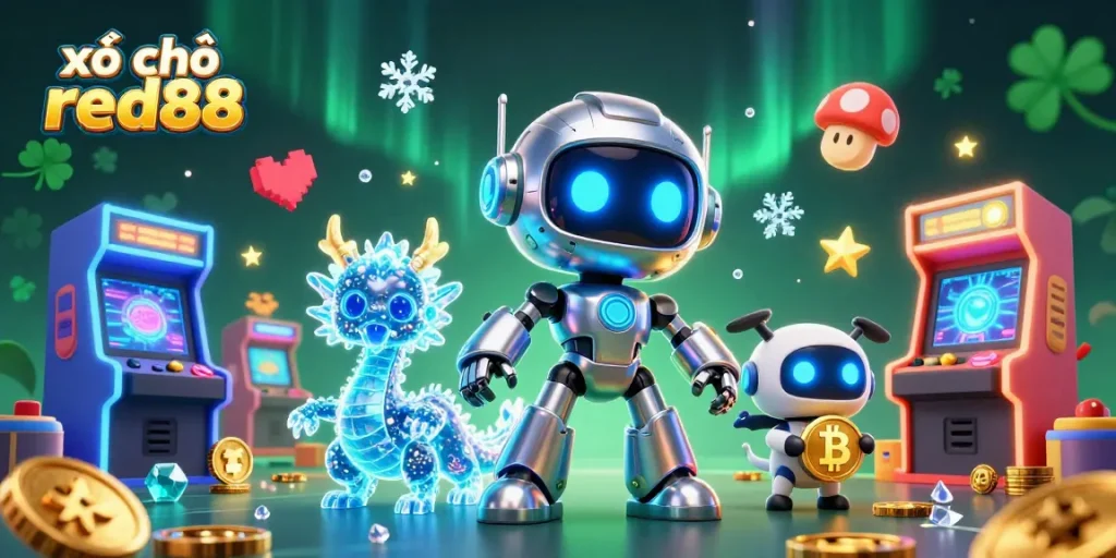 Engage in exciting xổ số red88 with vibrant arcade elements and dynamic gaming mascots.