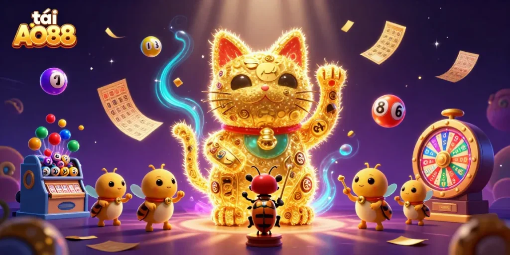 Immerse in the excitement of tải AO88 with vibrant casino symbols and lively golden fireflies.