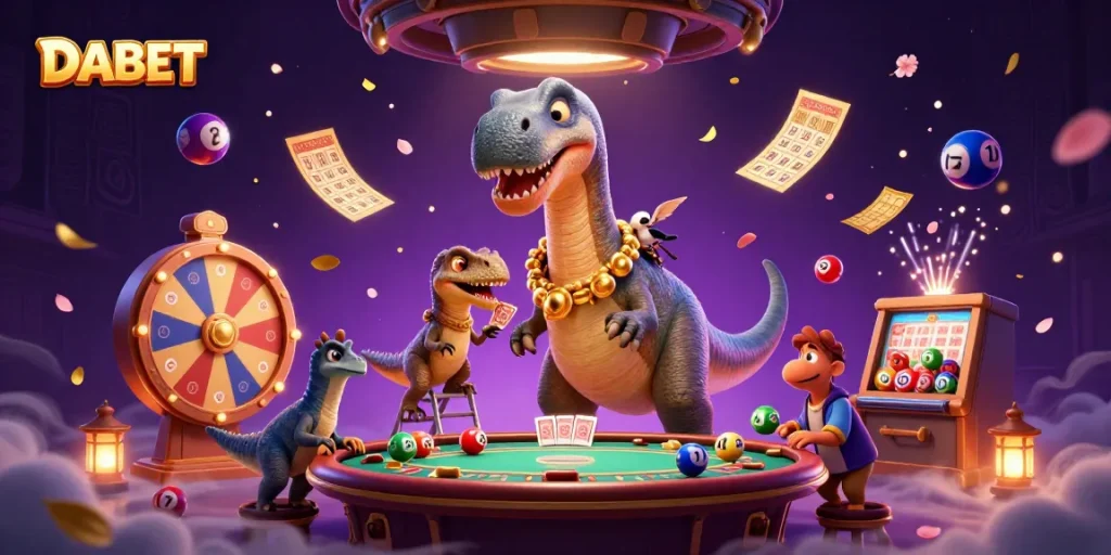 DABET enhances gaming excitement with a playful scene of a brontosaurus and clever raptor at a whimsical poker table.