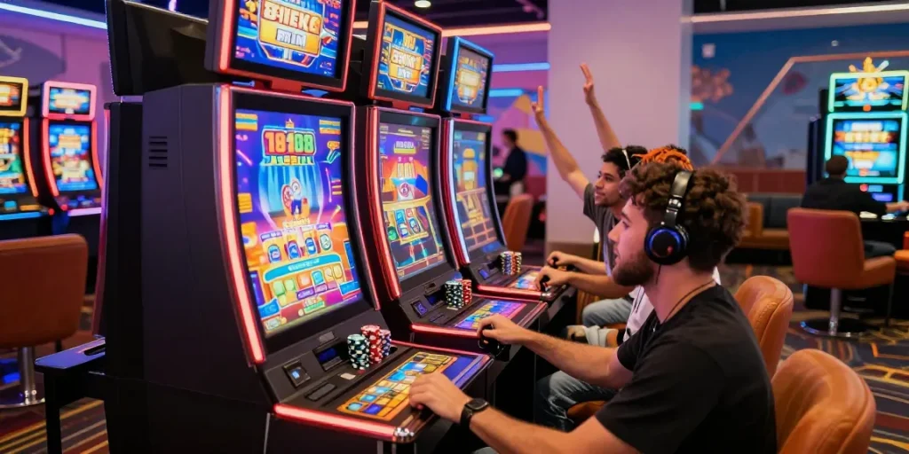 Pemain slot yang antusias di kasino online, menikmati permainan slot gacor dengan warna cerah.