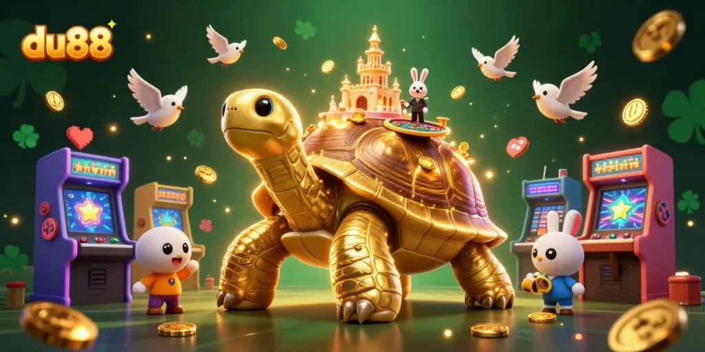 Experience thrilling games with du88's vibrant 3D casino scene featuring a tortoise and a rabbit dealer.