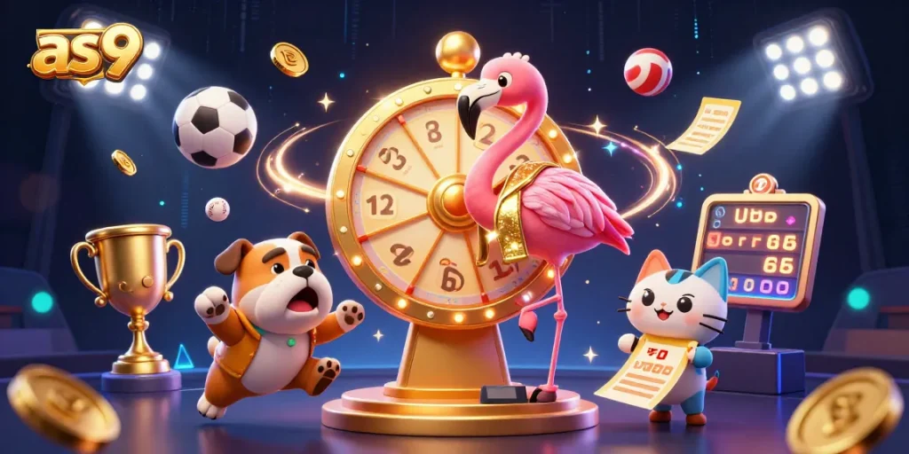 Experience the thrill of as9's dynamic sports betting with a colorful game show scene featuring lively characters and elements.