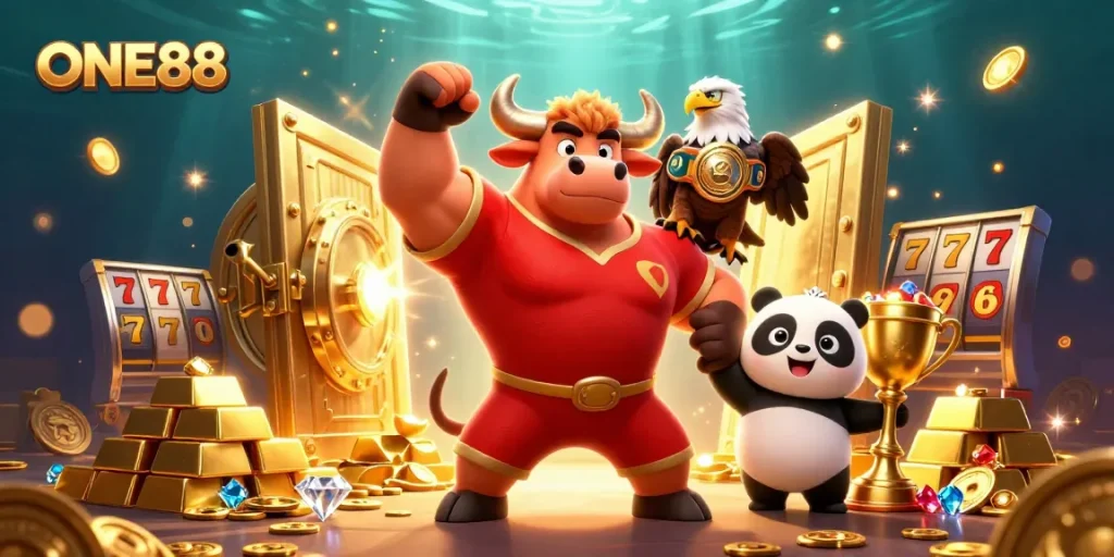 Experience exciting winning opportunities with ONE88's dynamic casino scene featuring victorious characters and vibrant treasures.