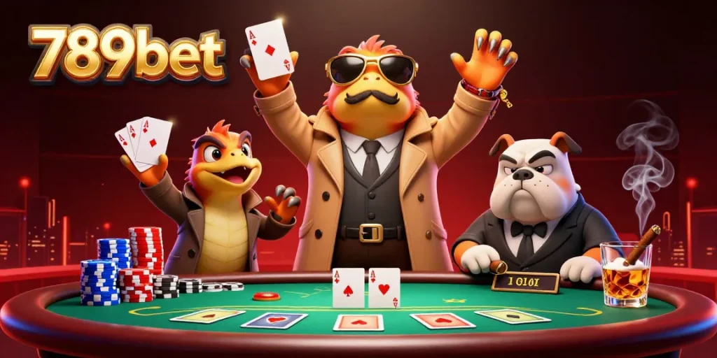 Engage with 789bet's thrilling VIP casino experience featuring cartoon raptors and poker elements.