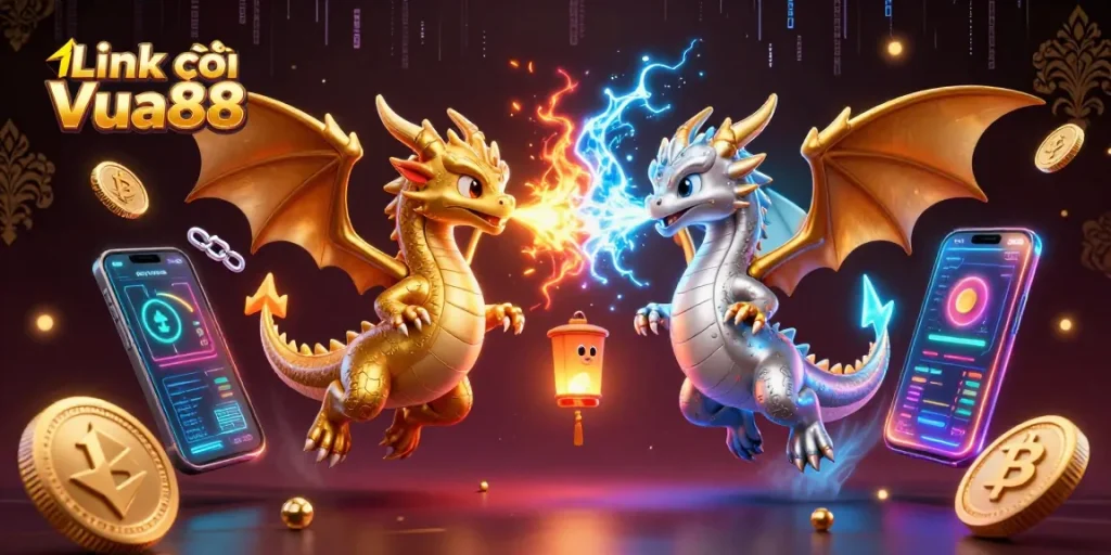 Engage in the thrilling action of Link vào Vua88 with dragons, crypto elements, and vibrant gaming symbols.